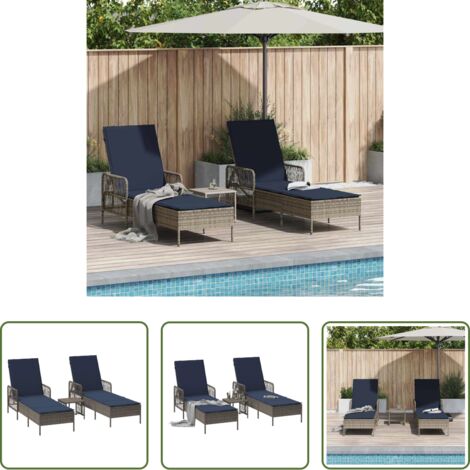 Polyrattan -  Lettino da sole con cuscino 3 pcs Grigio e Blu Navy polyrattan