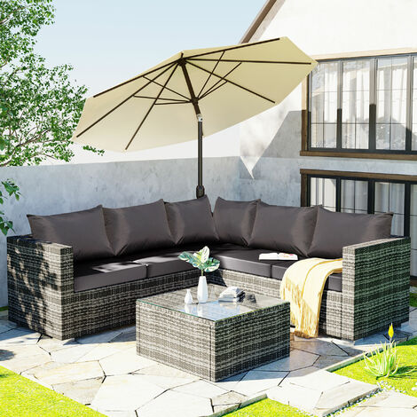 Polyrattan Lounge set sofa, ensemble de meubles de jardin 5 places avec coussins gris anti-UV, housses amovibles, canapé d'angle en rotin avec canapé individuel et table basse pour 4-5 personnes