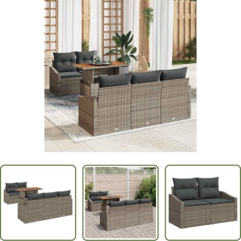 Polyrattan -  Set da Pranzo per Giardino con cuscino 6 pcs Grigio e Marrone