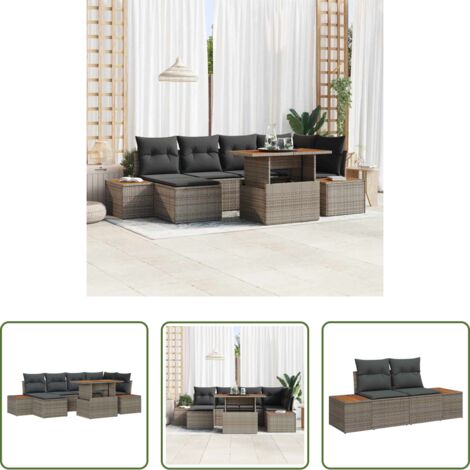 Polyrattan -  Set da Pranzo per Giardino con cuscino 7 pcs Grigio e Marrone