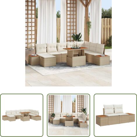 Polyrattan -  Set da Pranzo per Giardino con cuscino 9 pcs Beige e Crema