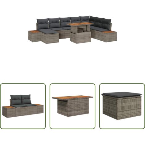 Polyrattan -  Set da Pranzo per Giardino con cuscino 9 pcs Grigio e Marrone