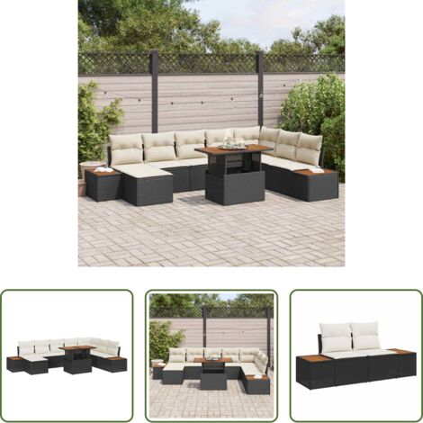 Polyrattan -  Set da Pranzo per Giardino con cuscino 9 pcs Nero e Beige