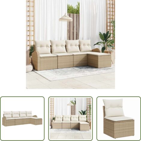 Polyrattan -  Set di divani con cuscino 5 pcs Beige e Bianco polyrattan