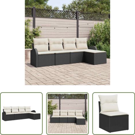 Polyrattan -  Set di divani con cuscino 5 pcs Nero e Bianco polyrattan