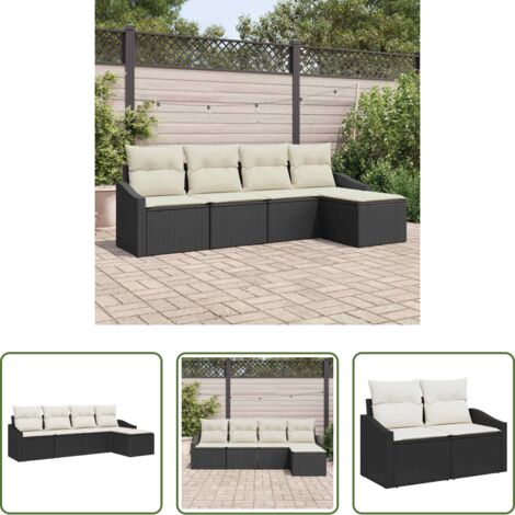 Polyrattan -  Set di divani con cuscino 5 pcs Nero e Crema polyrattan