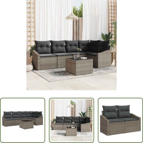 Polyrattan -  Set di divani con cuscino 6 pcs Grigio polyrattan
