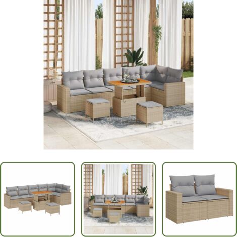 Polyrattan -  Set Divano da Giardino 11 pcs Beige e Grigio Chiaro polyrattan