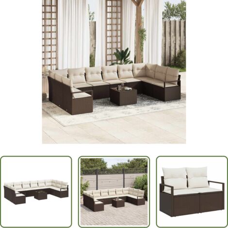 Polyrattan -  Set Divano da Giardino 11 pcs Marrone e Crema polyrattan