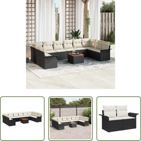Polyrattan -  Set Divano da Giardino 11 pcs Nero e Crema polyrattan