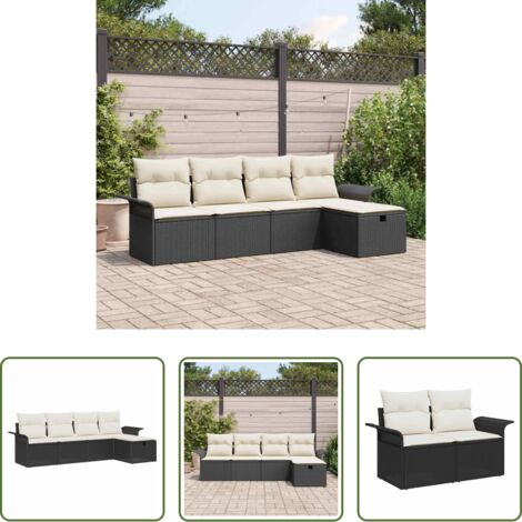 Polyrattan -  Set Divano da Giardino 5 pcs Nero e Crema polyrattan