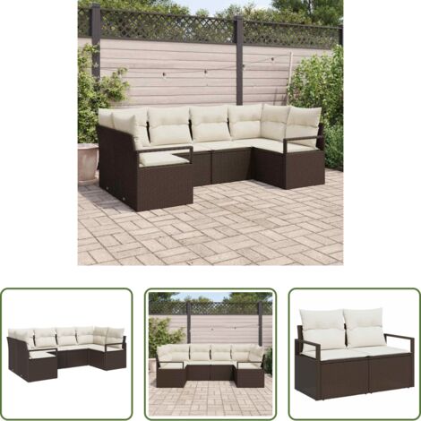 Polyrattan -  Set Divano da Giardino 6 pcs Marrone e bianco polyrattan