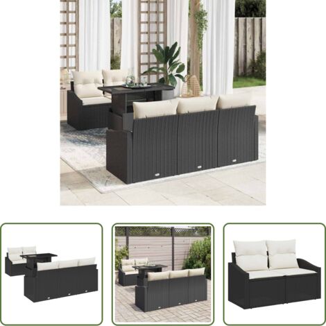 Polyrattan -  Set Divano da Giardino 6 pcs Nero e crema polyrattan