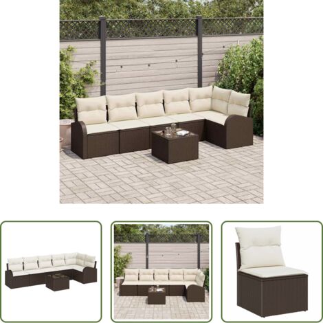 Polyrattan -  Set Divano da Giardino 7 pcs Marrone e bianco polyrattan
