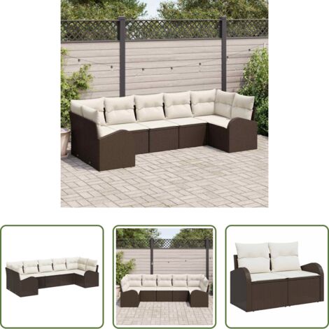 Polyrattan -  Set Divano da Giardino 7 pcs Marrone e bianco polyrattan