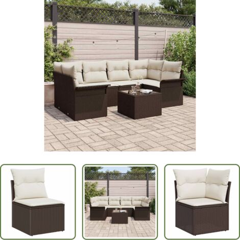 Polyrattan -  Set Divano da Giardino 7 pcs Marrone e Crema polyrattan