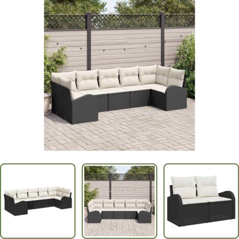 Polyrattan -  Set Divano da Giardino 7 pcs Nero e Bianco polyrattan