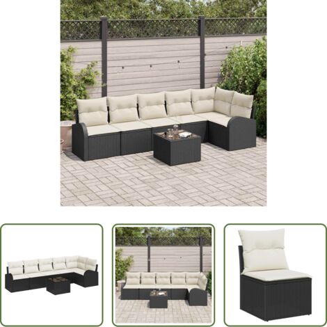 Polyrattan -  Set Divano da Giardino 7 pcs Nero e Bianco polyrattan