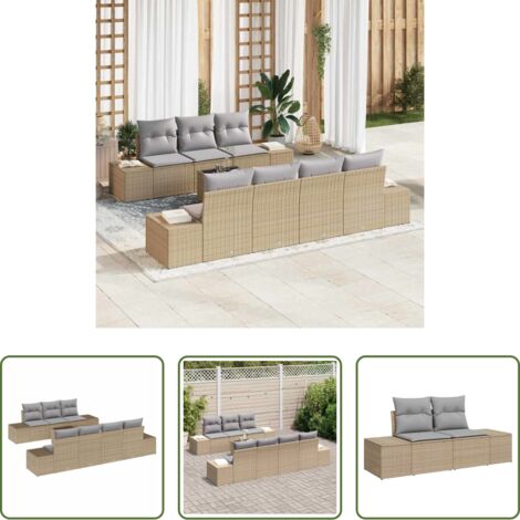 Polyrattan -  Set Divano da Giardino 8 pcs Beige e grigio polyrattan