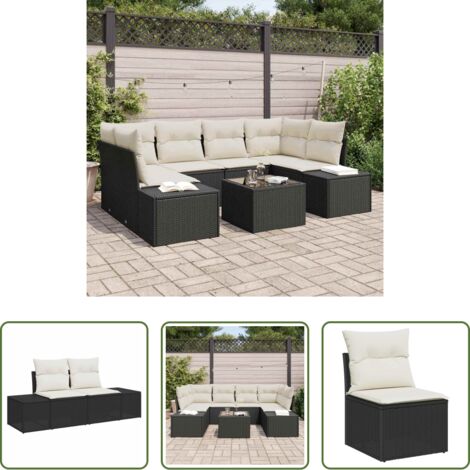 Polyrattan -  Set Divano da Giardino 8 pcs Nero e Crema polyrattan