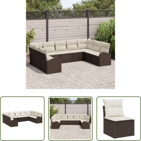 Polyrattan -  Set Divano da Giardino 9 pcs Marrone e bianco polyrattan