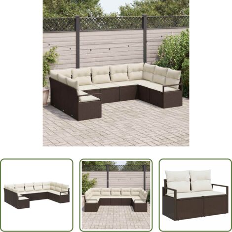Polyrattan -  Set Divano da Giardino 9 pcs Marrone e bianco polyrattan