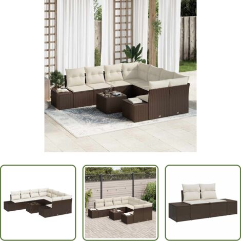 Polyrattan -  Set Divano da Giardino 9 pcs Marrone e Crema polyrattan