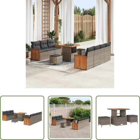 Polyrattan -  Set Divano da Giardino con cuscino 10 pcs Grigio