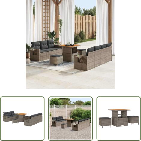 Polyrattan -  Set Divano da Giardino con cuscino 10 pcs Grigio