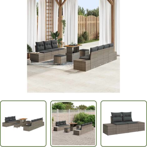 Polyrattan -  Set Divano da Giardino con cuscino 10 pcs Grigio polyrattan