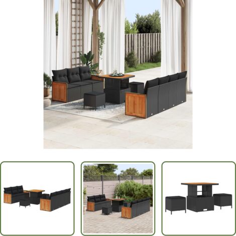 Polyrattan -  Set Divano da Giardino con cuscino 10 pcs Nero