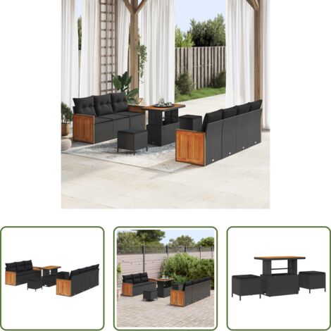 Polyrattan -  Set Divano da Giardino con cuscino 10 pcs Nero