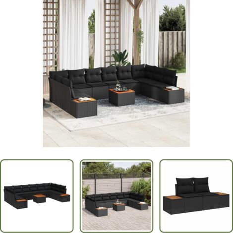 Polyrattan -  Set Divano da Giardino con cuscino 10 pcs Nero Polyrattan