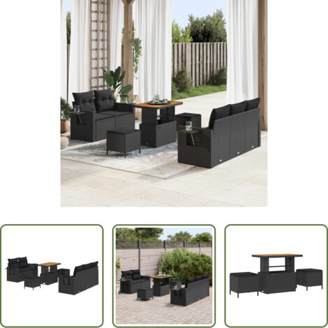 Polyrattan -  Set Divano da Giardino con cuscino 10 pcs Nero polyrattan
