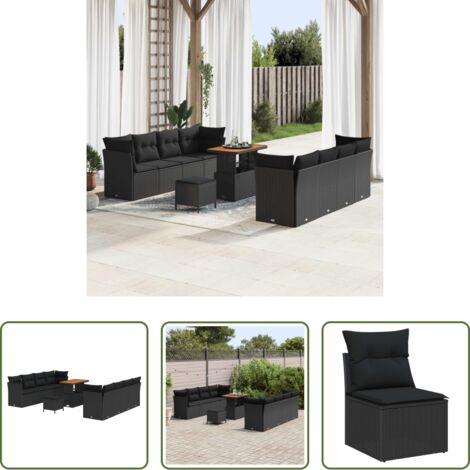 Polyrattan -  Set Divano da Giardino con cuscino 11 pcs Nero polyrattan