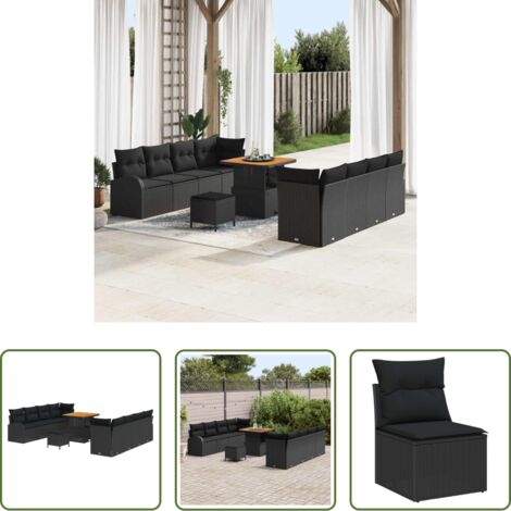 Polyrattan -  Set Divano da Giardino con cuscino 11 pcs Nero polyrattan