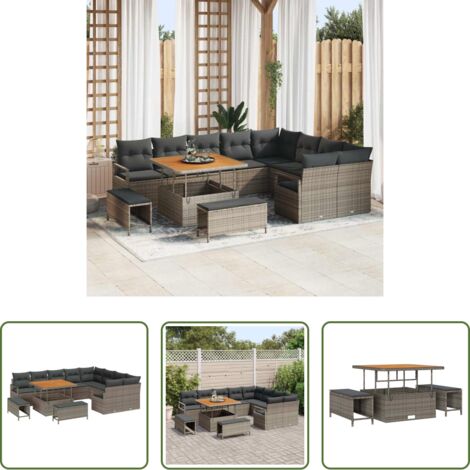 Polyrattan -  Set Divano da Giardino con cuscino 12 pcs Grigio polyrattan