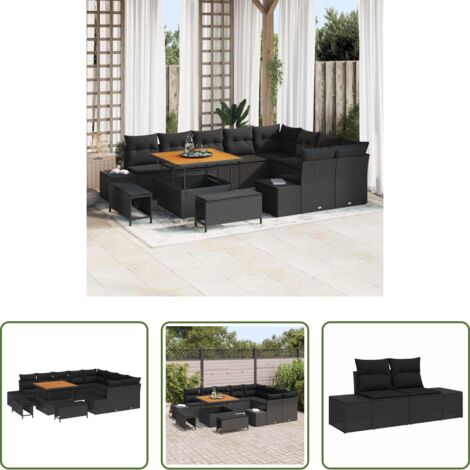 Polyrattan -  Set Divano da Giardino con cuscino 12 pcs Nero Poly Rattan