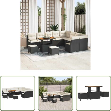 Polyrattan -  Set Divano da Giardino con cuscino 12 pcs Nero polyrattan