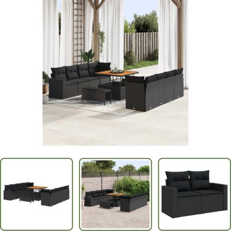 Polyrattan -  Set Divano da Giardino con cuscino 12 pcs Nero polyrattan