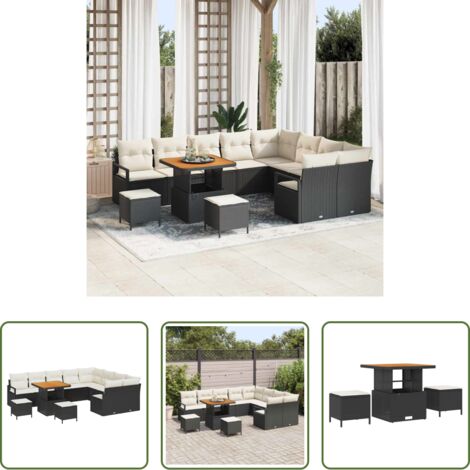 Polyrattan -  Set Divano da Giardino con cuscino 12 pcs Nero polyrattan
