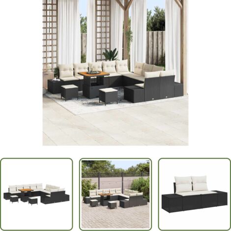 Polyrattan -  Set Divano da Giardino con cuscino 13 pcs Nero polyrattan