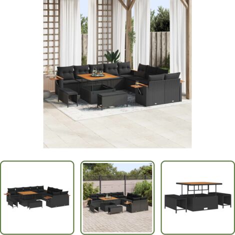 Polyrattan -  Set Divano da Giardino con cuscino 17 pcs Nero polyrattan