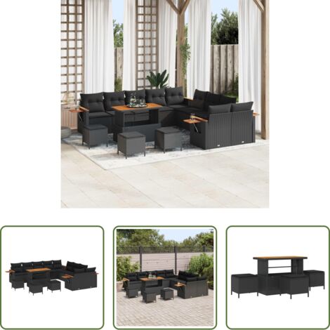 Polyrattan -  Set Divano da Giardino con cuscino 18 pcs Nero polyrattan
