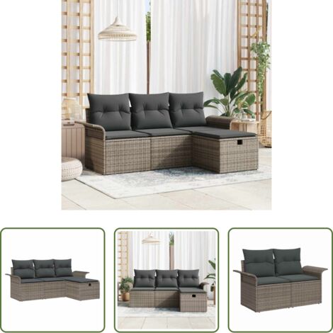 Polyrattan -  Set Divano da Giardino con cuscino 4 pcs Grigio polyrattan