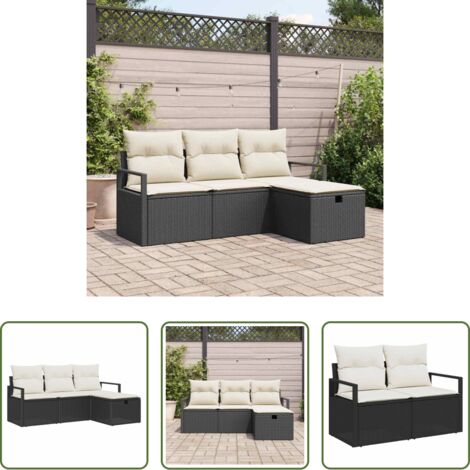 Polyrattan -  Set Divano da Giardino con cuscino 4 pcs Nero Poly Rattan