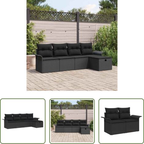 Polyrattan -  Set Divano da Giardino con cuscino 5 pcs Nero polyrattan