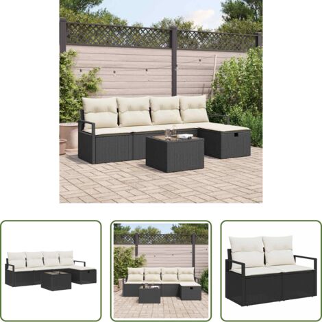 Polyrattan -  Set Divano da Giardino con cuscino 6 pcs Nero Poly Rattan