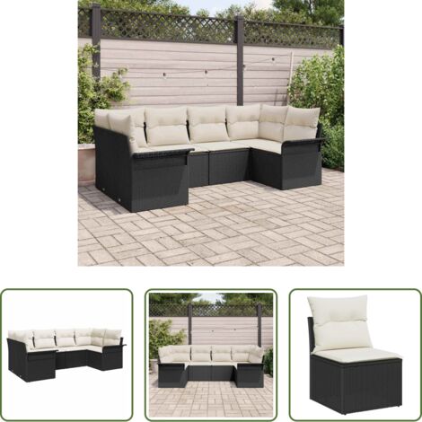 Polyrattan -  Set Divano da Giardino con cuscino 6 pcs Nero polyrattan