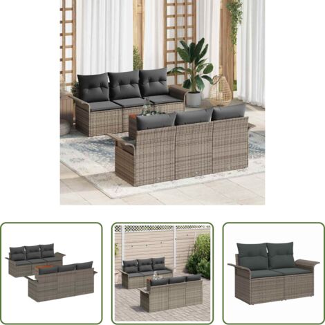 Polyrattan -  Set Divano da Giardino con cuscino 7 pcs Grigio polyrattan